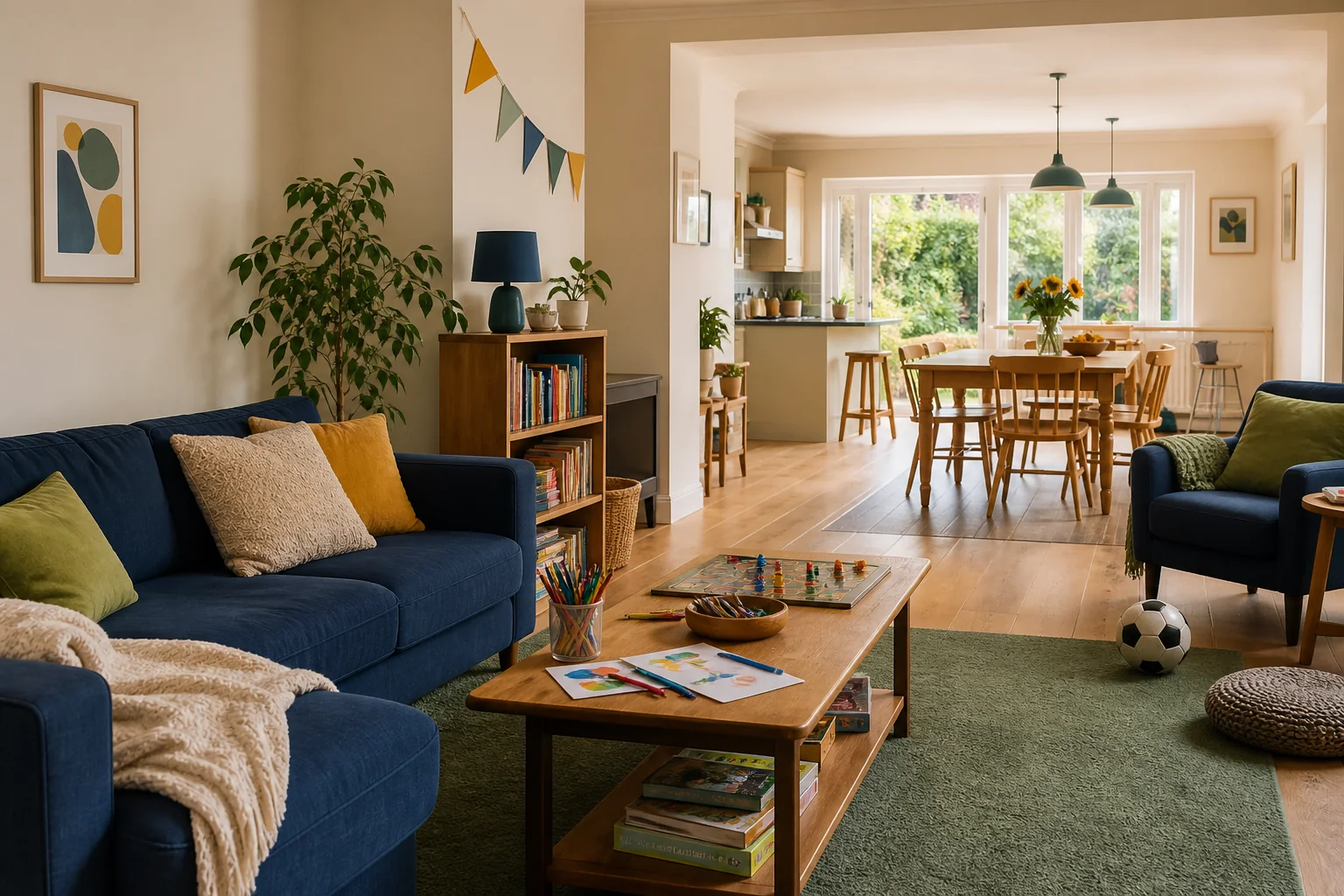 A welcoming family-style living room and shared dining space